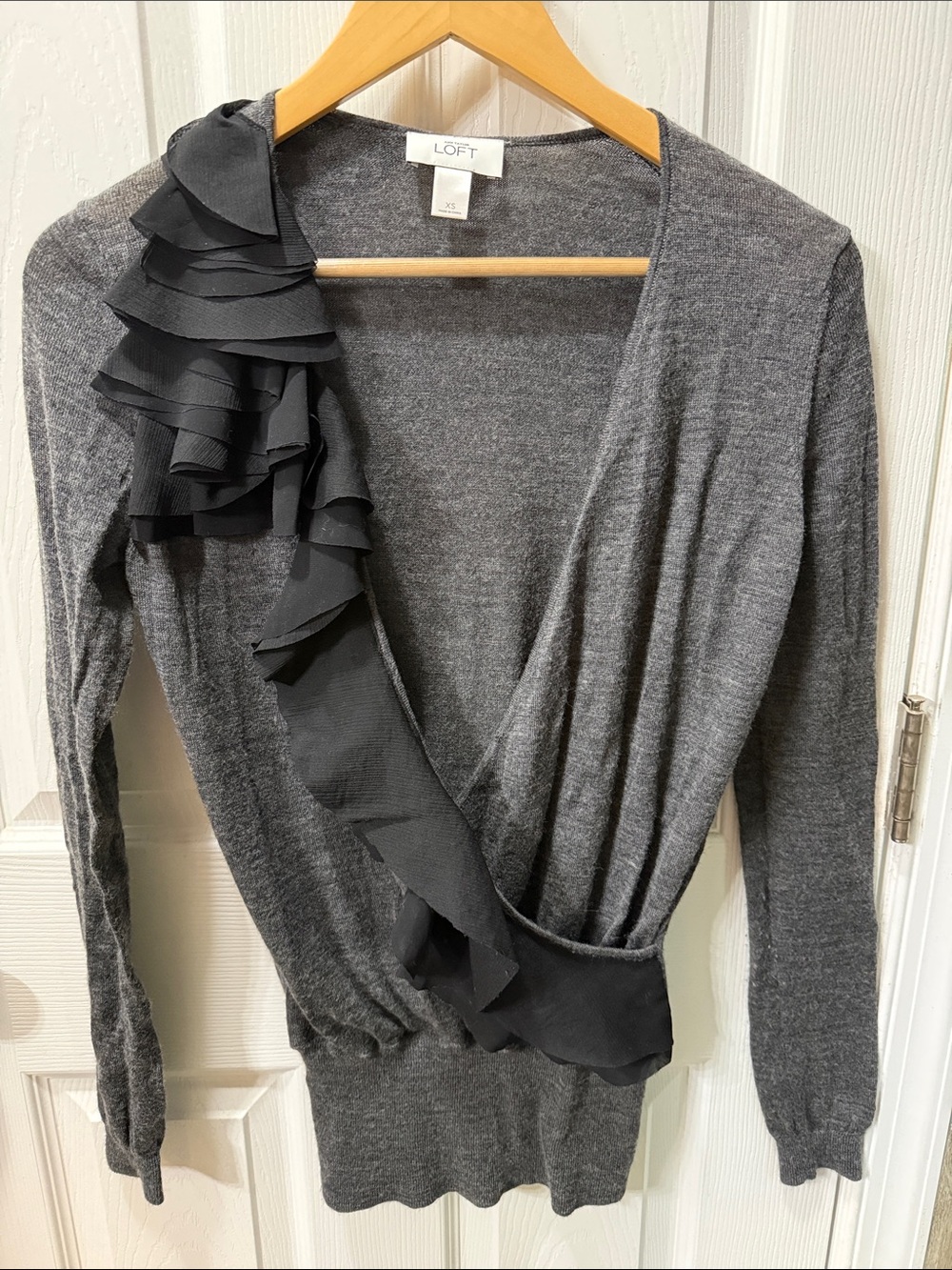 LOFT Charcoal Gray Wrap Sweater with Layered Ruffle Accent